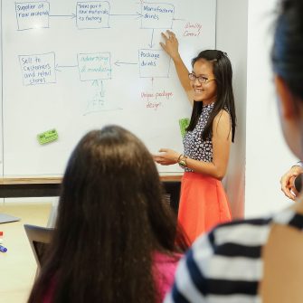 A woman standing in front of a white board pointing to diagrams on it. She is smiling at an audience who are facing towards her.